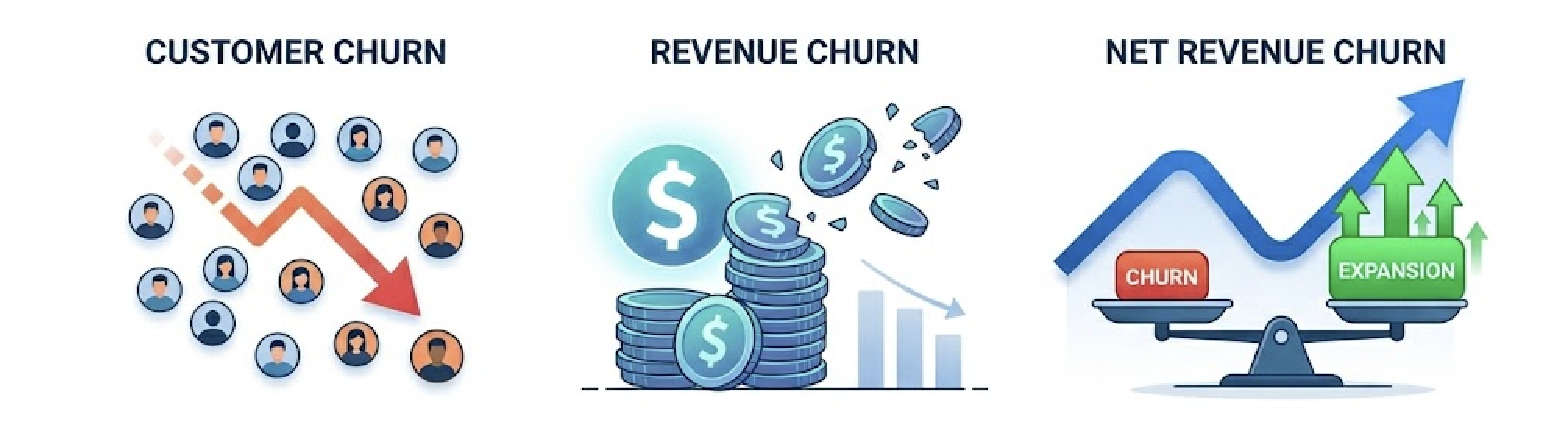 Customer churn rate, revenue churn, net revenue churn