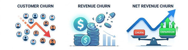 Customer churn rate, revenue churn, net revenue churn
